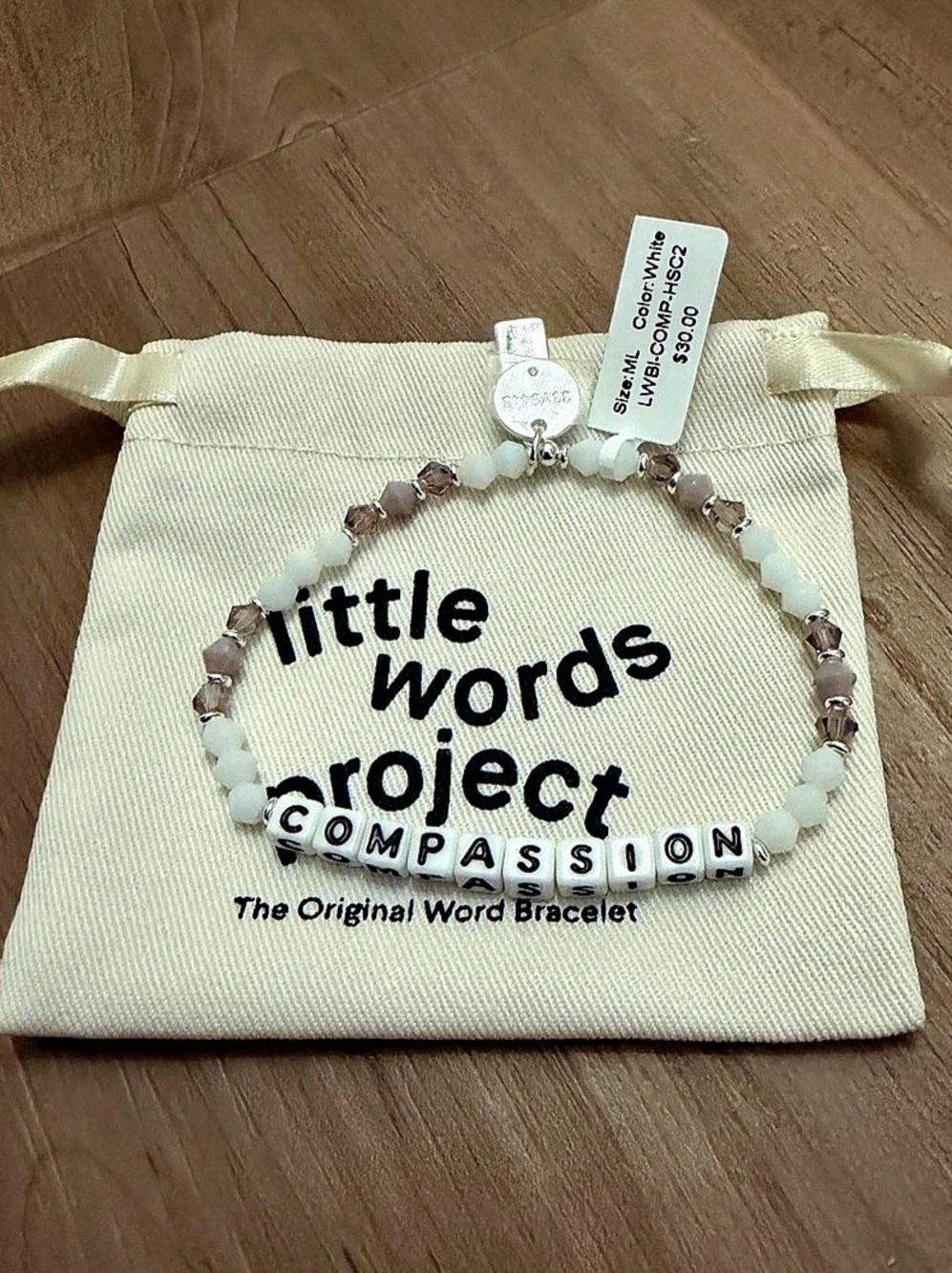 BRAND NEW Little Words Project “Compassion”Bracelet Beaded White & Brown